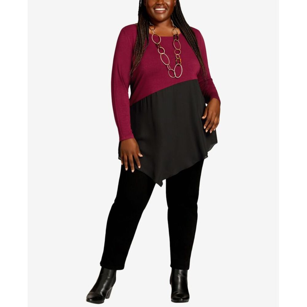 Avenue Two-Tone Maroon and Black Handkerchief Hem Top